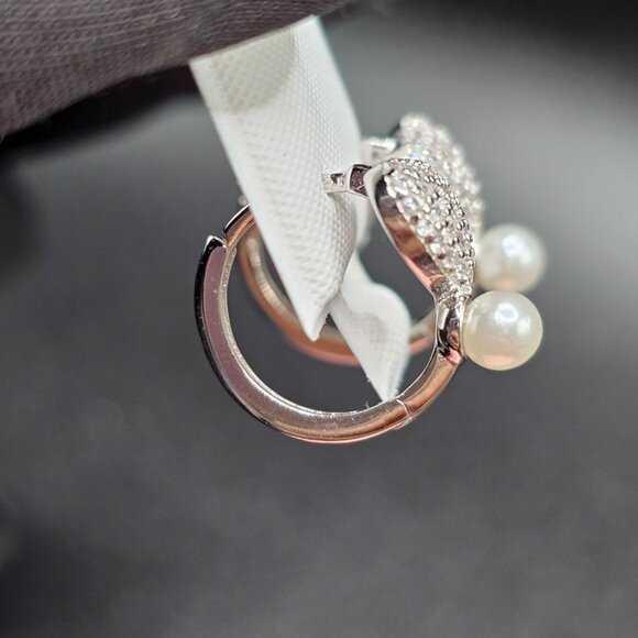 Sterling Silver 925 Rhodium Plated Heart Clear CZ Synthetic Pearl Hoop Earrings - Picture 8 of 12